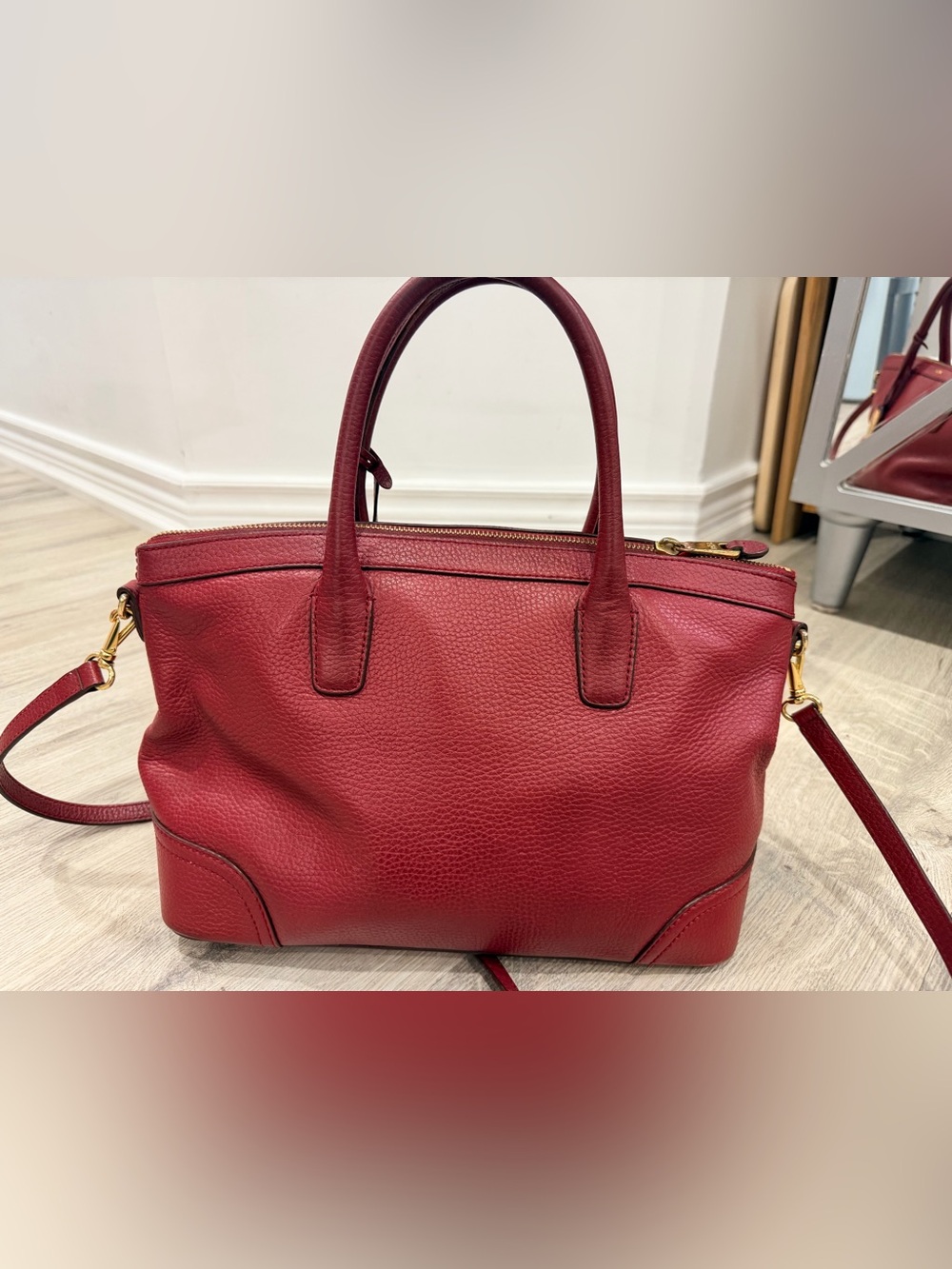 Ralph Lauren Burgundy Pebbled Leather Satchel with Gold Hardware - Picture 5 of 15
